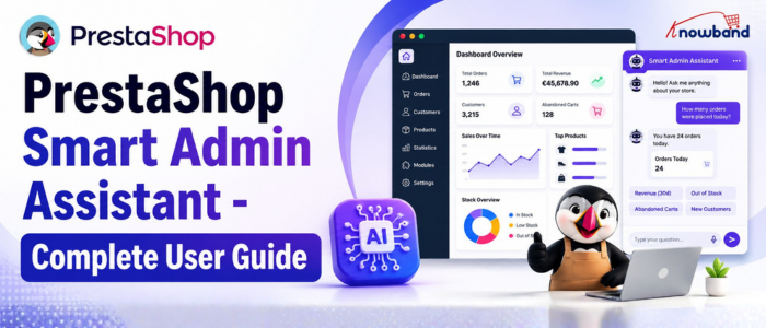 PrestaShop Smart AI Admin Assistant dashboard showing AI-powered store analytics, sales reports, inventory insights, and natural language data queries.