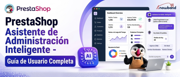 Painel do PrestaShop Smart AI Admin Assistant exibindo análises da loja impulsionadas por IA, relatórios de vendas, insights de estoque e consultas de dados em linguagem natural.