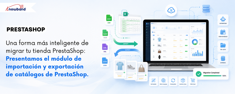 Banner del módulo de importación y exportación de catálogos para PrestaShop de Knowband que ilustra la migración automatizada de catálogos entre tiendas PrestaShop, con soporte para CSV, XLSX, JSON, XML, transferencias FTP/SFTP, gestión de perfiles, programación cron, registros de transferencia y operaciones fluidas de importación y exportación masiva.