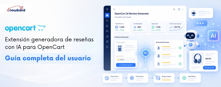 El Generador de reseñas con IA para OpenCart de Knowband ayuda a los comerciantes online a crear reseñas de productos relevantes, atractivas y realistas mediante inteligencia artificial avanzada.