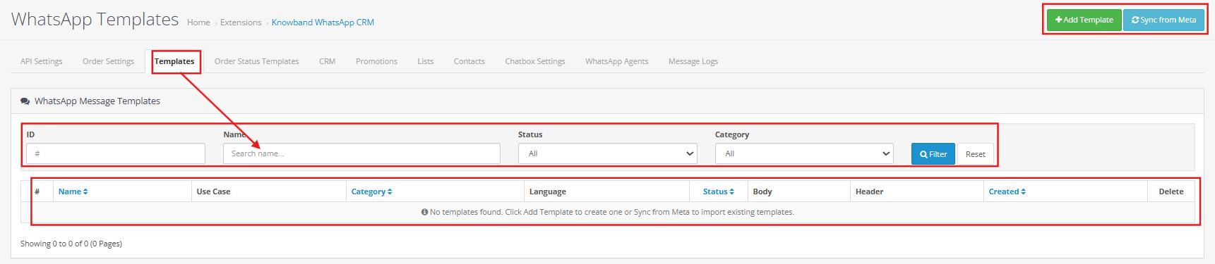 Template settings of the OpenCart WhatsApp CRM and Order Notification Extension