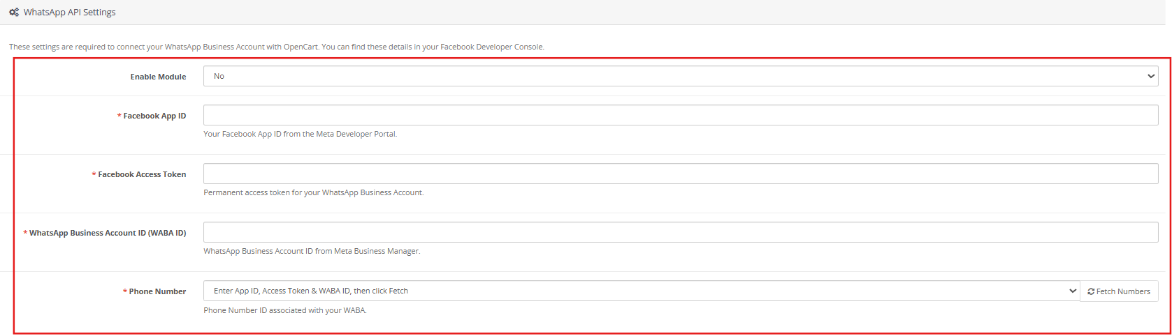 WhatsApp API Settings of the OpenCart WhatsApp CRM Extension