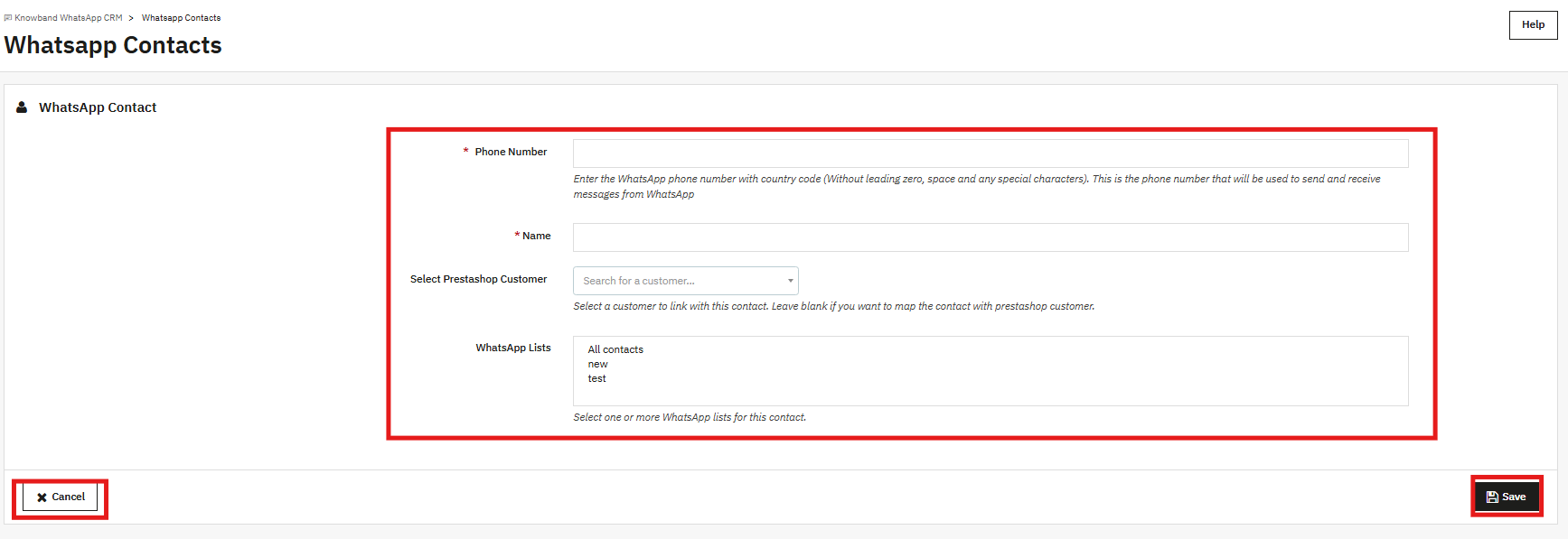 Whatsapp Contact creation in module.