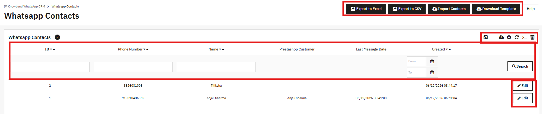 Whatsapp contaxt settings of the prestashop whatsapp crm module.