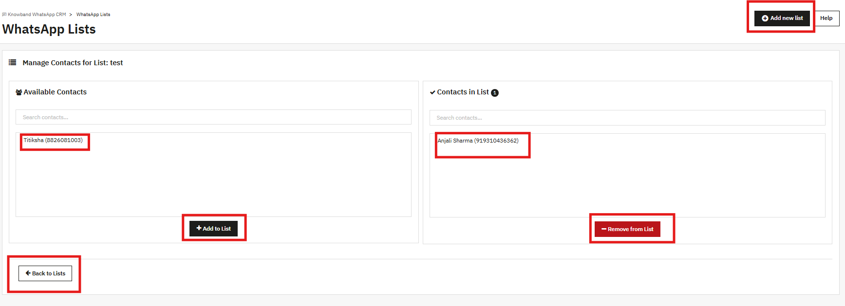 Whatsapp list available and existing contact list.