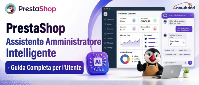 Dashboard di PrestaShop Smart AI Admin Assistant che mostra analisi del negozio basate sull'IA, report di vendita, approfondimenti sull'inventario e interrogazioni dei dati in linguaggio naturale.