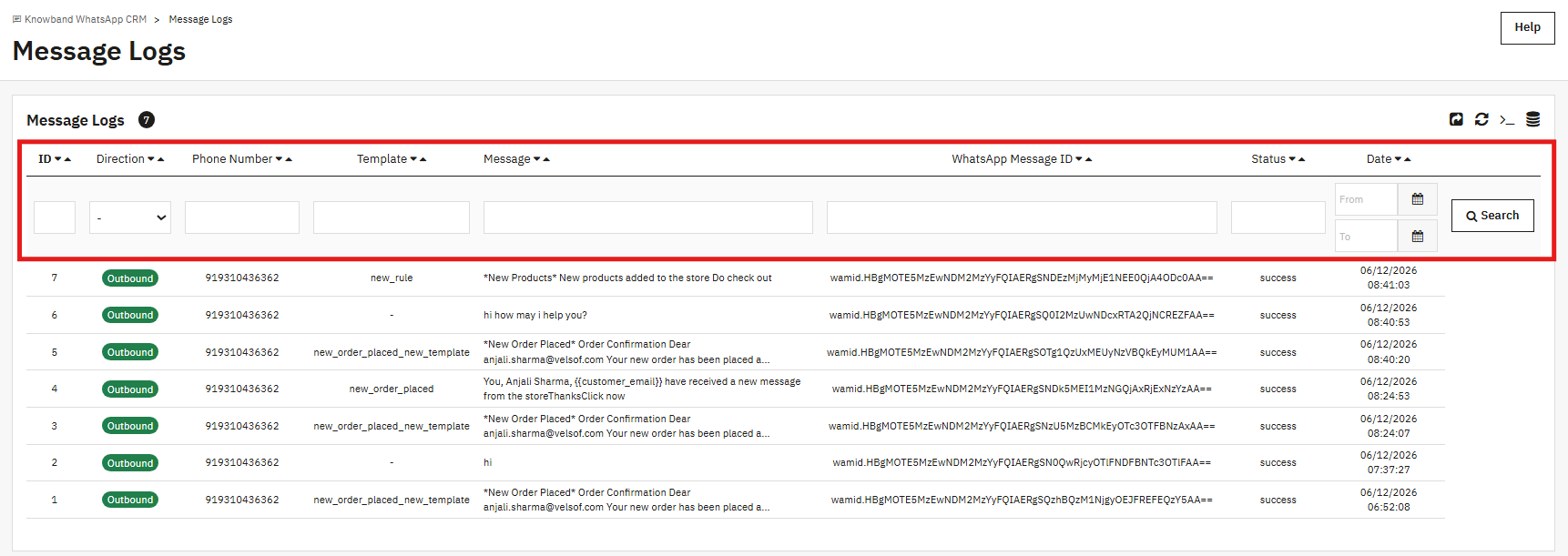 message logs of the prestashop whatsapp crm module.