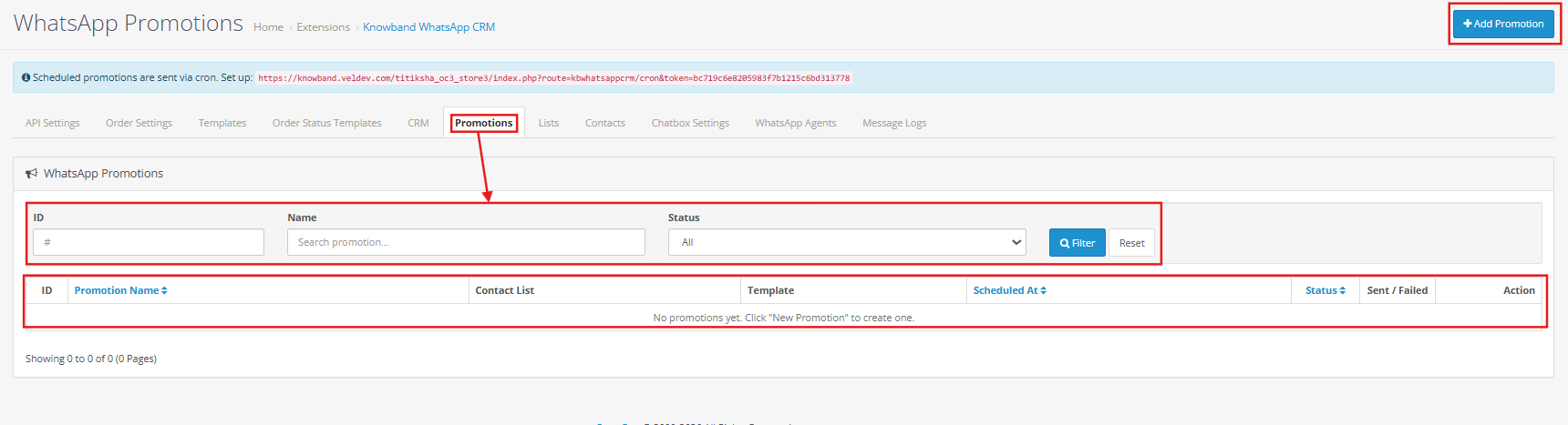promotion settings under the OpenCart WhatsApp CRM and Order Notification Extension