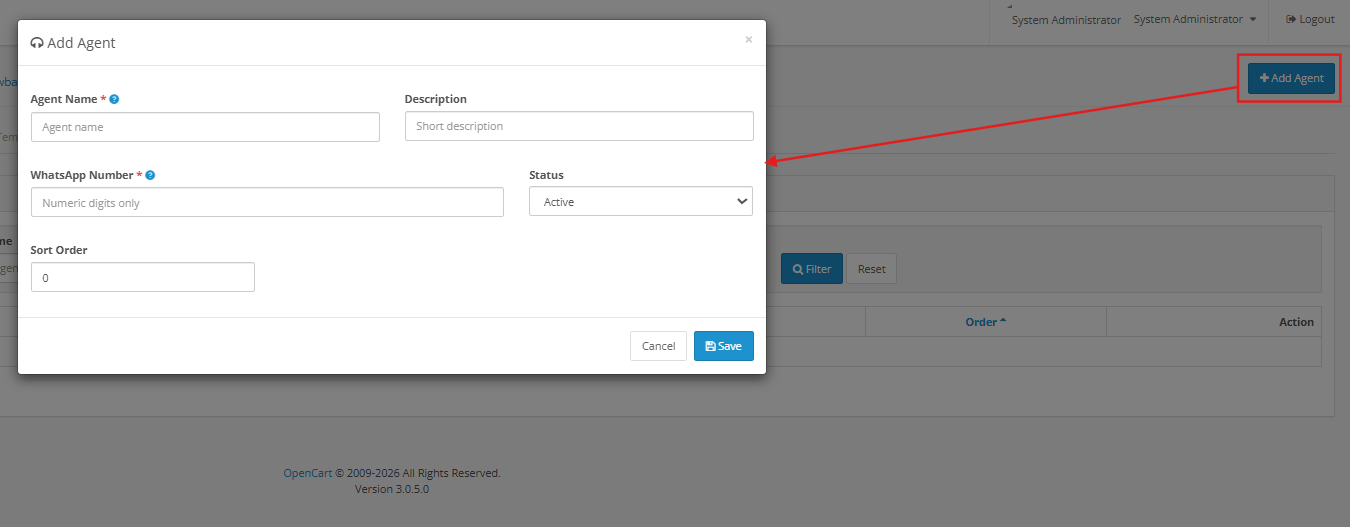 whatsapp agent settings of the OpenCart WhatsApp CRM Extension
