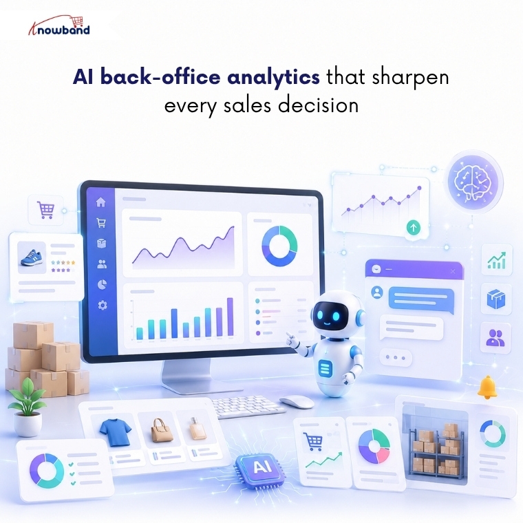 Tableau de bord de l'assistant d'administration intelligent IA de PrestaShop affichant les tendances des revenus et les alertes de stock faible